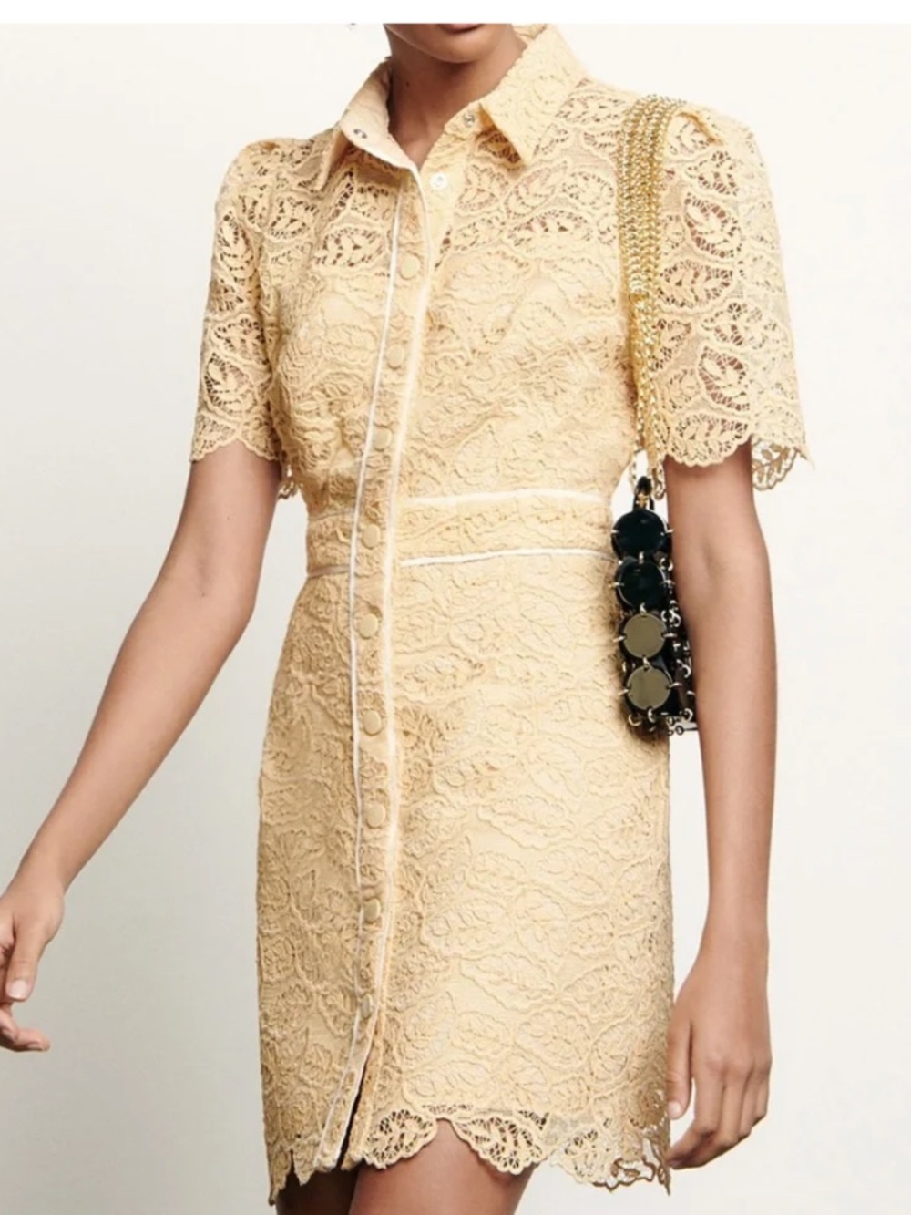 SANDRO Live Grosgrain Corded Lace Mini Dress Yellow Eggshell W/ Tags FR 36 SMALL